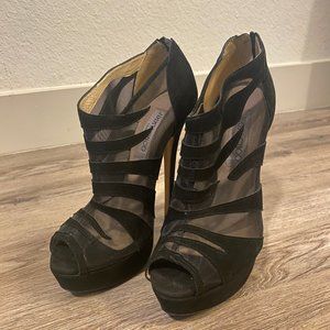 Jimmy Choo Kerfield Black Suede and Mesh Peep-Toe Platform Ankle Pumps Booties